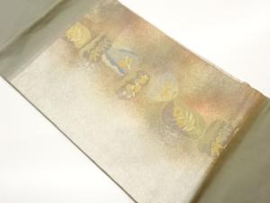 引箔壺に笹・花々模様織出し名古屋帯